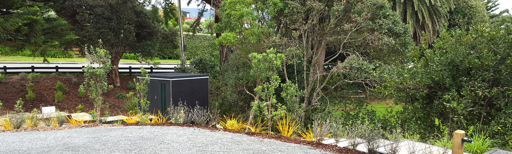 A recent Kāpiti landscaping project — native beds and golden grasses beside a gravel driveway.